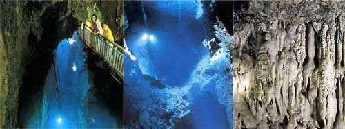龍泉洞（左から、第二地底湖、第三地底湖、鍾乳石）